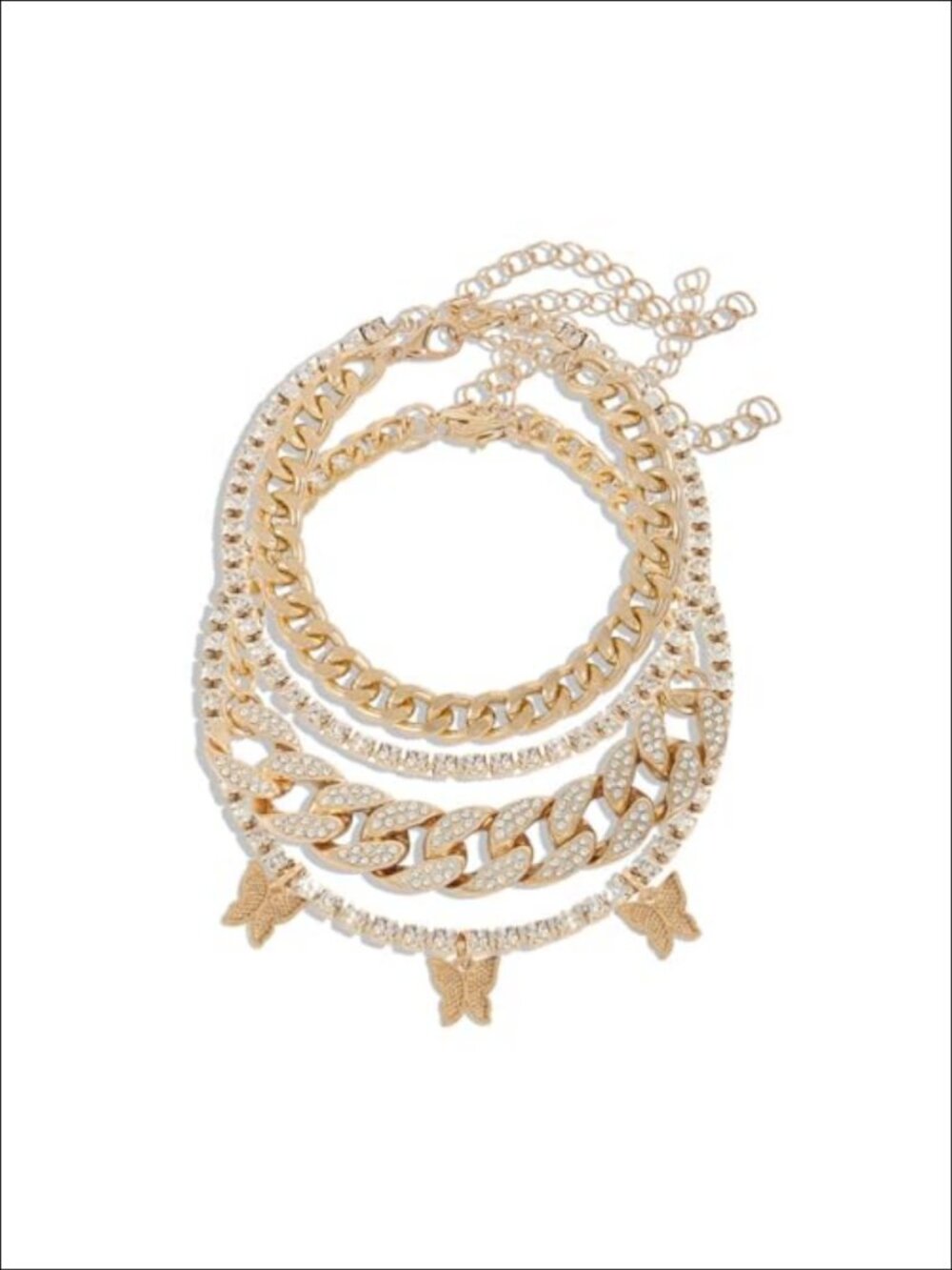 Gold Plated Layered Butterfly Charm Bracelet Set Rhinestone Cuban Link